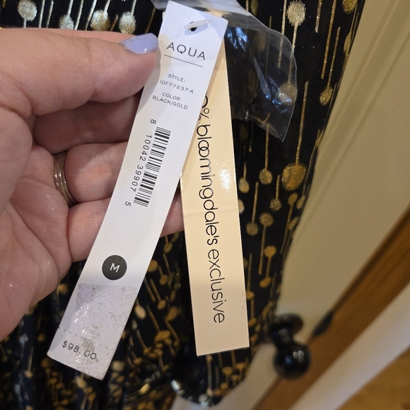 AQUA Mock Neck Gold Foil Mini Dress  Medium - Picture 8 of 14